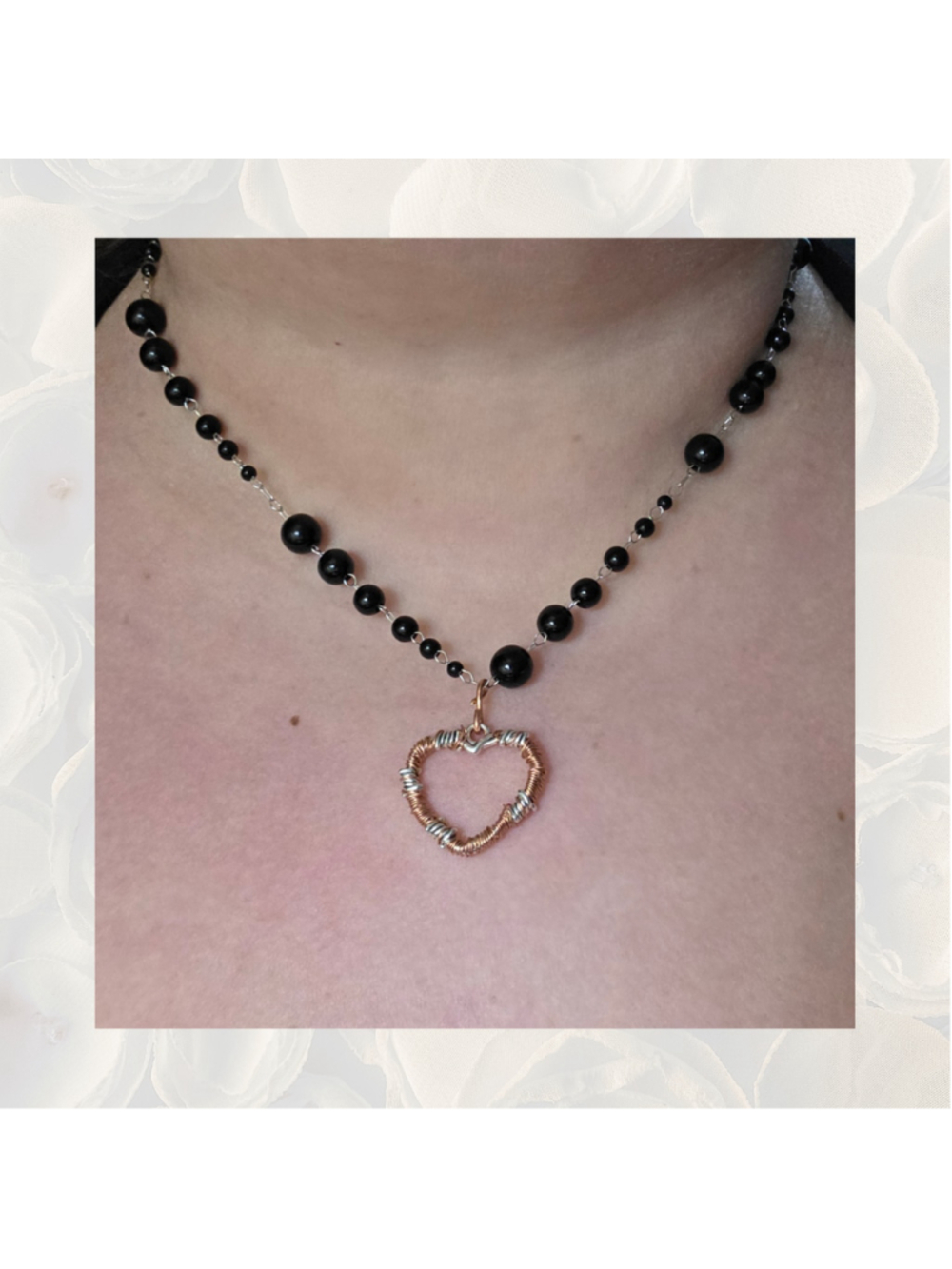 Handmade Black Onyx Beaded Copper Barbed Wire Heart Necklace Goth Alt Grunge